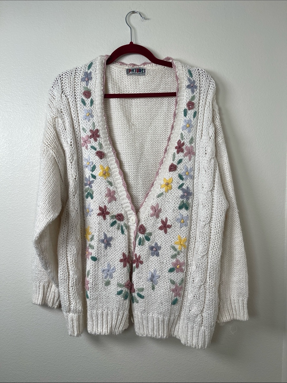 Cream Floral Embroidered V-Neck Cardigan Sweater